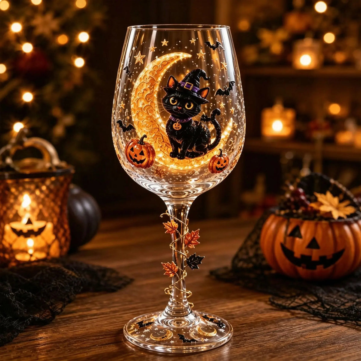 Spooky Halloween Wine Goblet with Sticker Design Witch Ghost Pumpkin Cat Decorative Stemmed Glass for Party Home Bar