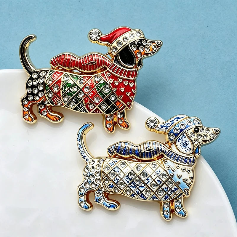PENDRA Dachs Rhinestone Christmas Dog Brooch