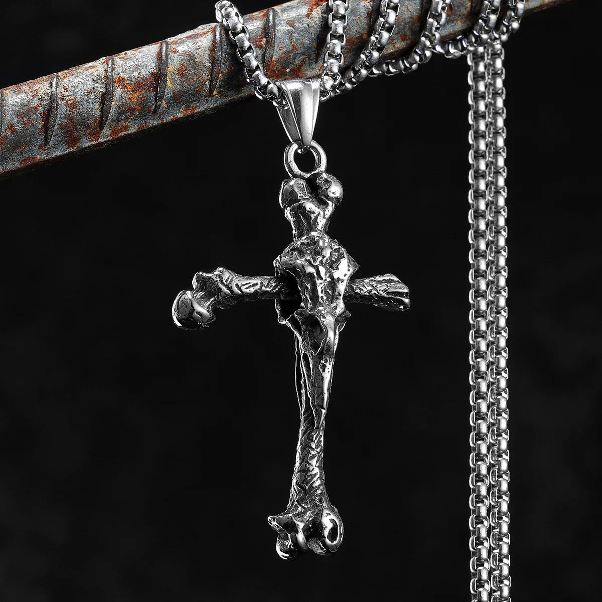 PENDRA Crow Bone Cross Steel Necklace