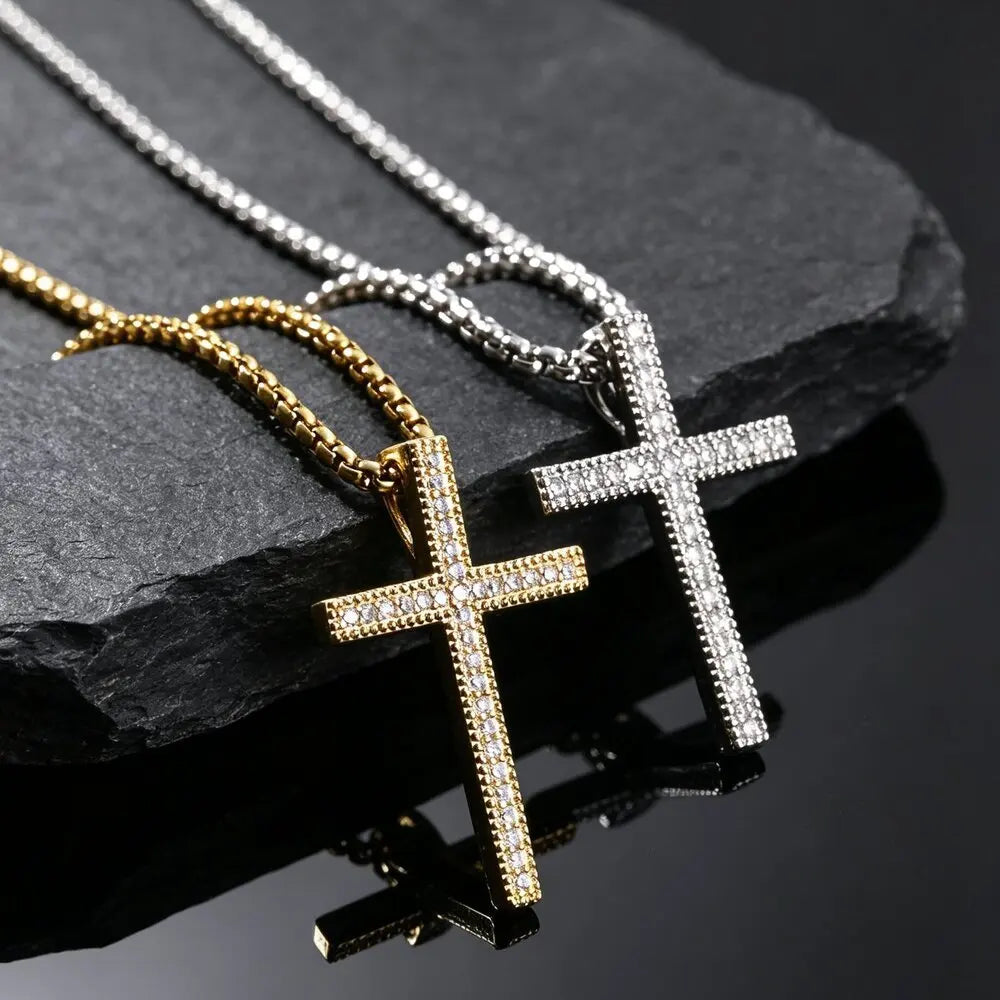 Hip Hop Men Zircon Cross Necklace,Punk Street Cross Metal Pendant Necklace,Charm Jewelry Gift for Him Dad