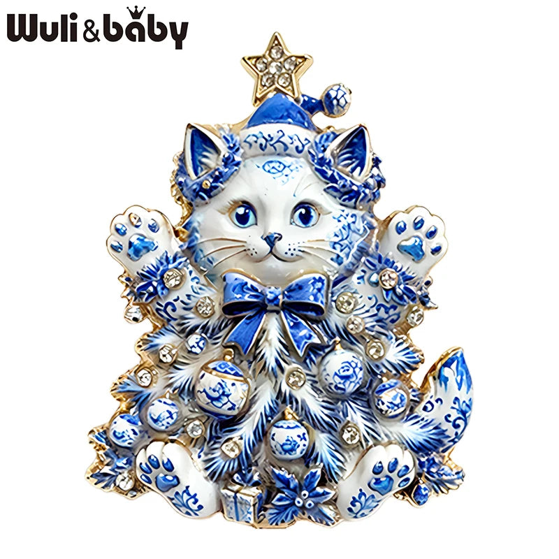 PENDRA Festive Rhinestone Christmas Cat Brooch