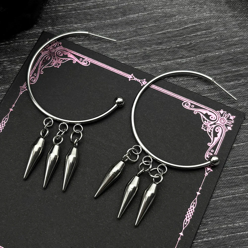Punk Gothic Hoop Triple Rivet Drop Earrings For Women Men Emo Grunge Stainless Steel Silver Color Spike Huggie Ear Ring Jewelry