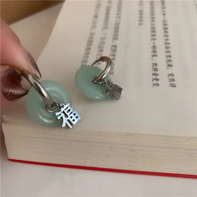 VENTFILLE Unique Green Jade Round Stainless Steel Hoop Earrings For Women Vintage Elegant Earclip Earrings Statement Jewelry