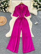 Fashionable casual lapel collar short sleeved cinched waist jumpsuit women's summer new solid color wide leg long pants