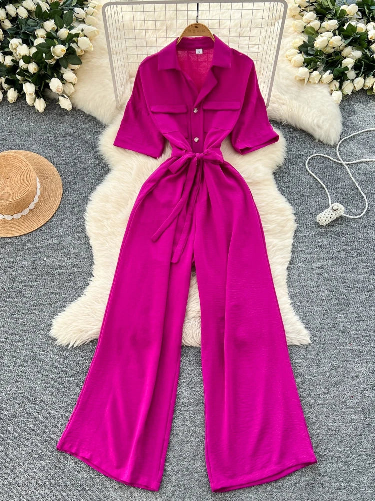 Fashionable casual lapel collar short sleeved cinched waist jumpsuit women's summer new solid color wide leg long pants