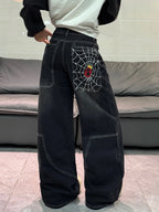 American Retro Spider Web Embroidery Design Black Loose High-Waist Jeans Women Y2K Street Fashion Versatile Wide-Leg Pants