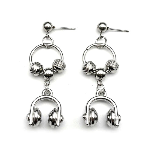 Hiphop Headset Musical Earrings Women Men Stainless Steel Silver Color Circle Dark Punk Male Y2K Drop Ear Rings Jewelry Gifts
