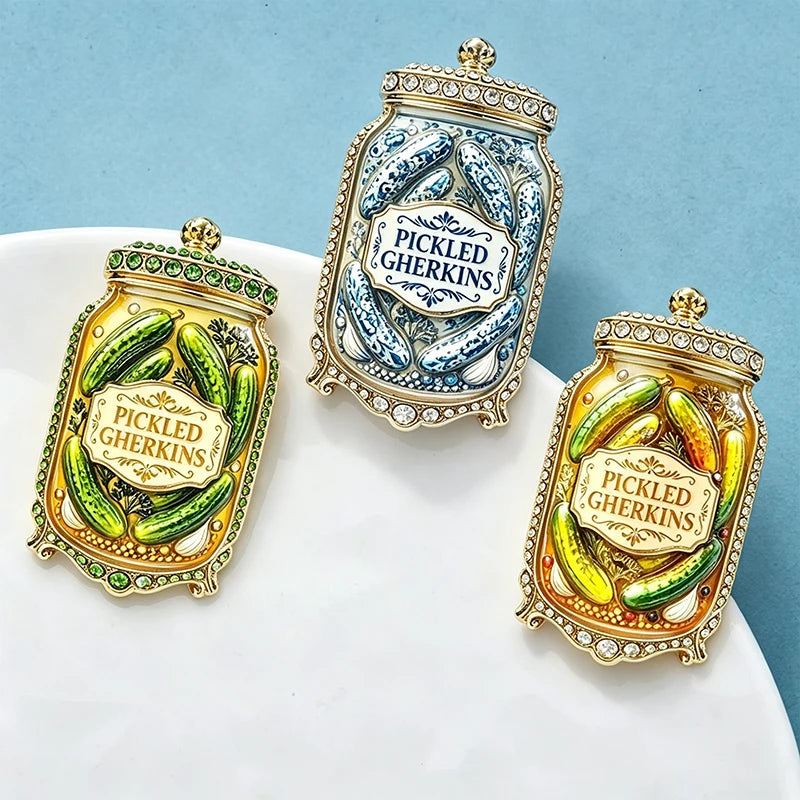 PENDRA Pickle 3-Color Rhinestone Gherkin Jar Brooch