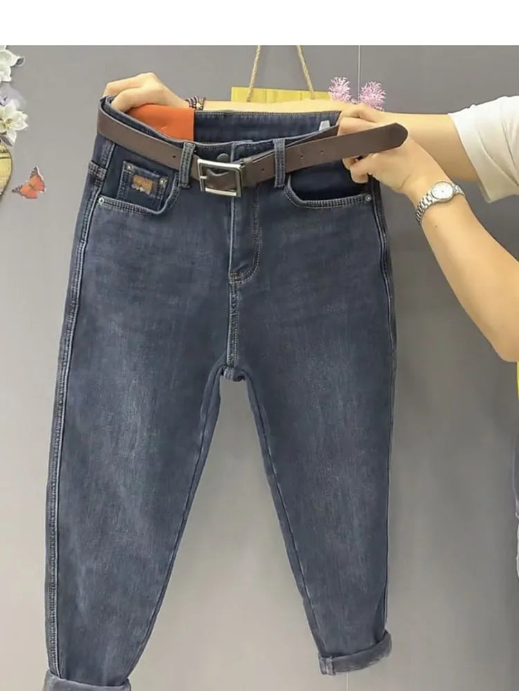 Autumn Winter High Waist Straight Jeans Women Loose Fit Stretch Haren Denim Pants Vintage Ladies Ankle-Length Jeans Pants 5XL
