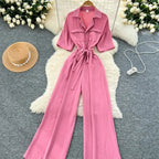 Fashionable casual lapel collar short sleeved cinched waist jumpsuit women's summer new solid color wide leg long pants
