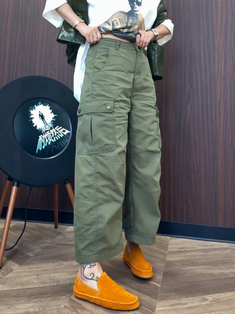 PENDRA Military Green Workwear Wide Leg Pants