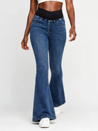 New Women's Low-rise Stretch Dark Wash Blue Flare Jeans, Multi-pocket Design, Women's Jeans and Clothing