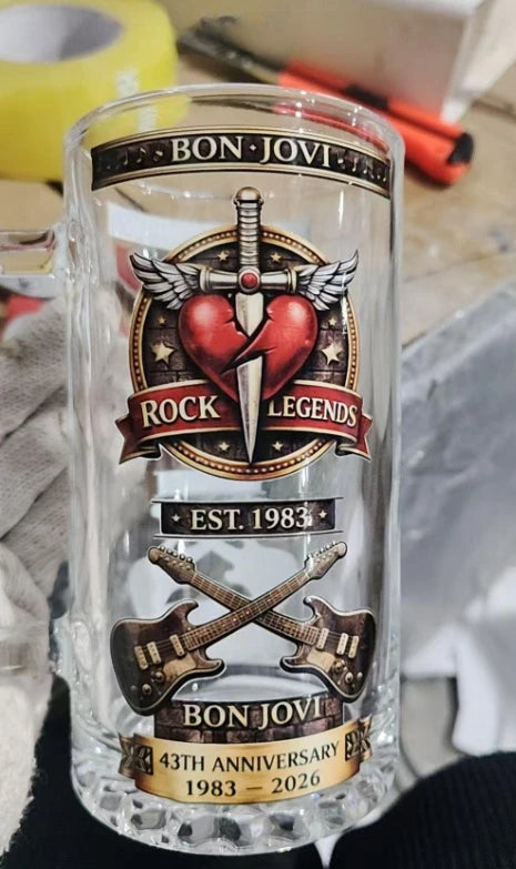 Bon Jovi Rock Legend Themed Beer Mug, Vintage Embossed Metal Handle Large Capacity Draft Beer Mug