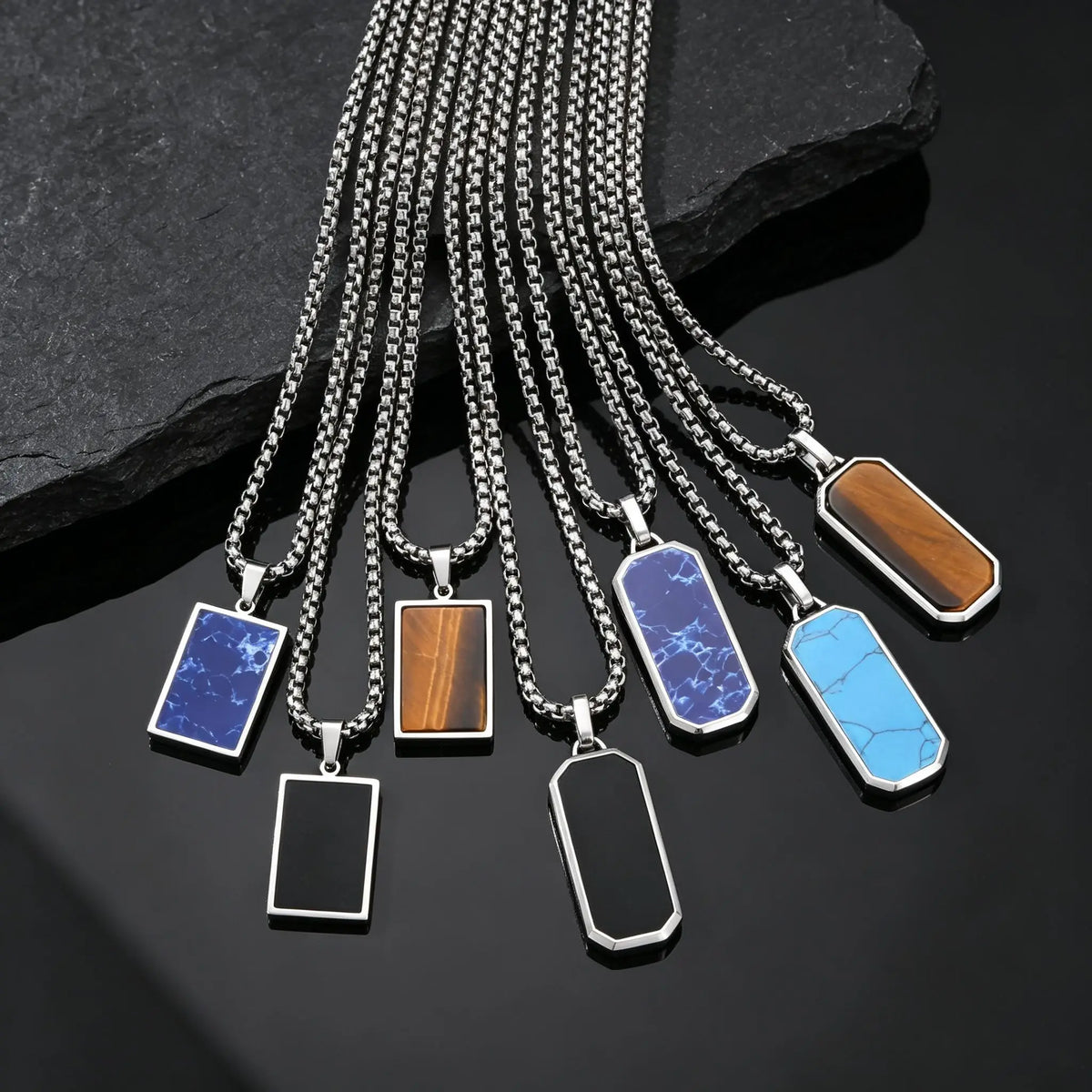 Natural Stone Square Men's Necklace,Waterproof Stainless Steel Geometric Pendant Necklace,Trendy Birthday Jewelry Gift