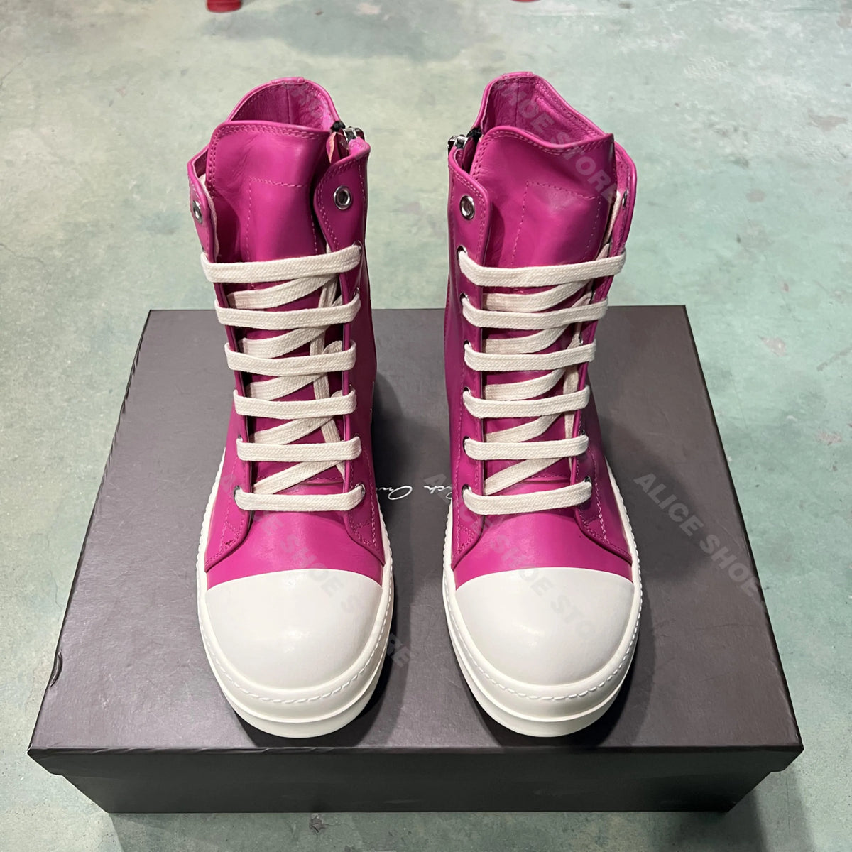 PENDRA Rose Titan Pink Genuine Leather High-Top Zip Thick-Sole Ankle Boots