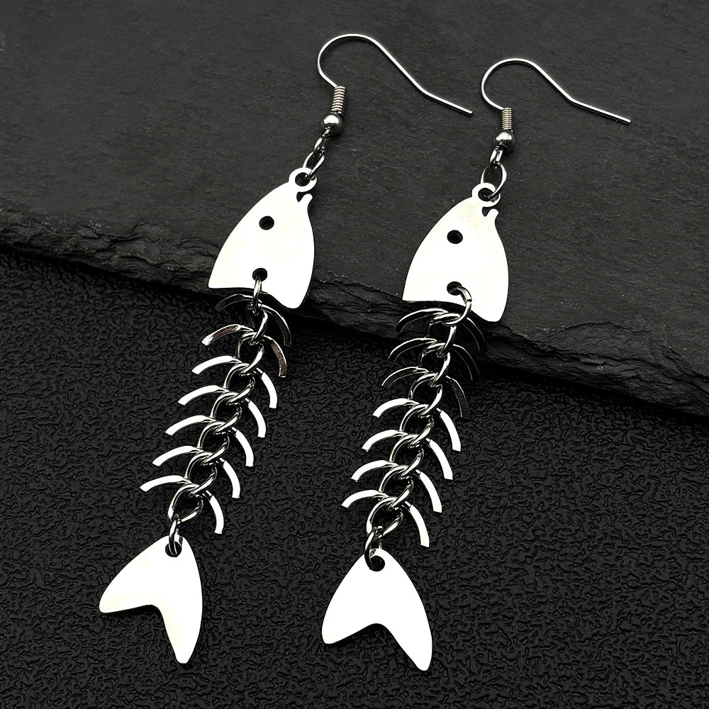 Hip hop Fish Bone Necklace Earrings Drop Ear Pendant Stainless Steel Simple Design Silver Color Party Jewelry Sets Accessories