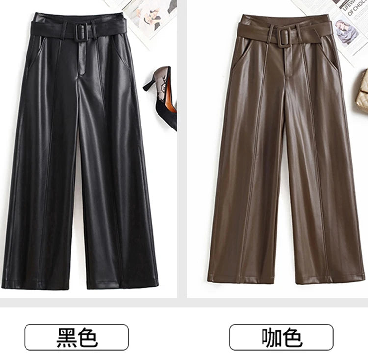 PENDRA Belted High Waist Straight PU Leather Pants