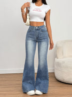 Women's High Street Fashion High-Waist Stretch Slim Fit Flared Pants, Simple and Versatile, Blue Long Pants
