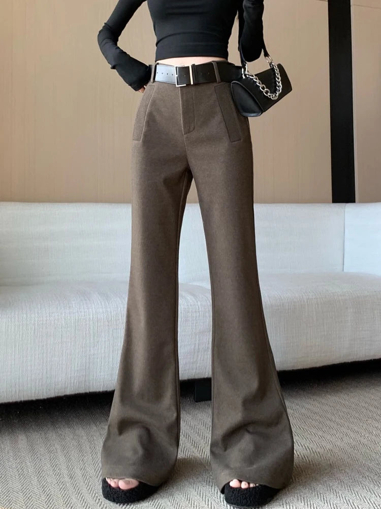 Retro solid color pants women autumn and winter high waisted casual and fashion versatile floor length flared trousers