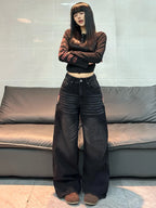 American Vintage Butterfly Embroidery Design Black Women's Loose Wide-Leg Jeans Y2K Street Fashion Versatile Straight-Leg Pants