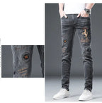 2025 Summer Ripped Jeans Men's Slim-fitting Small Feet Elastic Trousers Trendy Brand Fashion Scratched Patch Cargo Beggar Pants