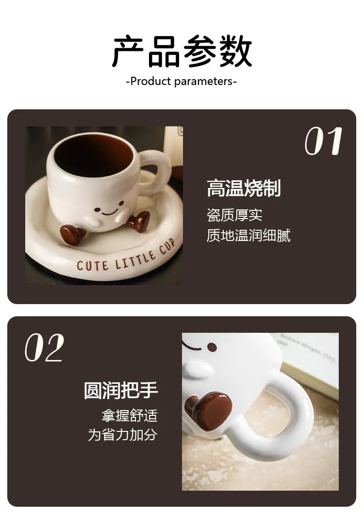 Cute Smiley Face Ceramic Coffee Mug with Saucer 3D Cartoon Design Tea Cup