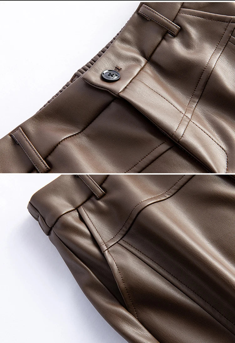 2025 autumn and winter new style leather pants elastic high waisted slim fit commute straight leg pants for women