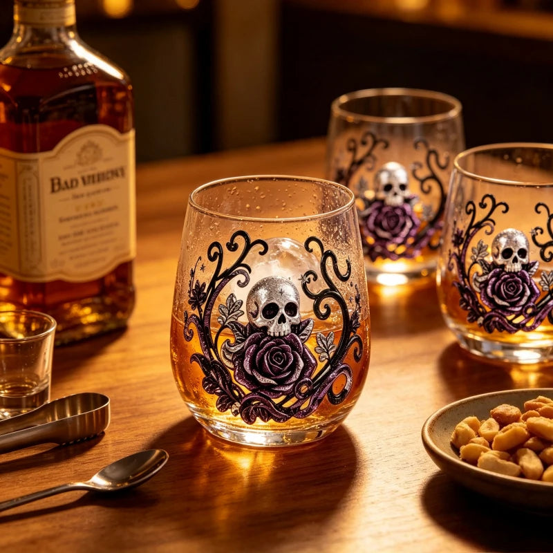 PENDRA Gothic Skull Silver-Glitter Purple-Rose Stemless Glass Tumbler