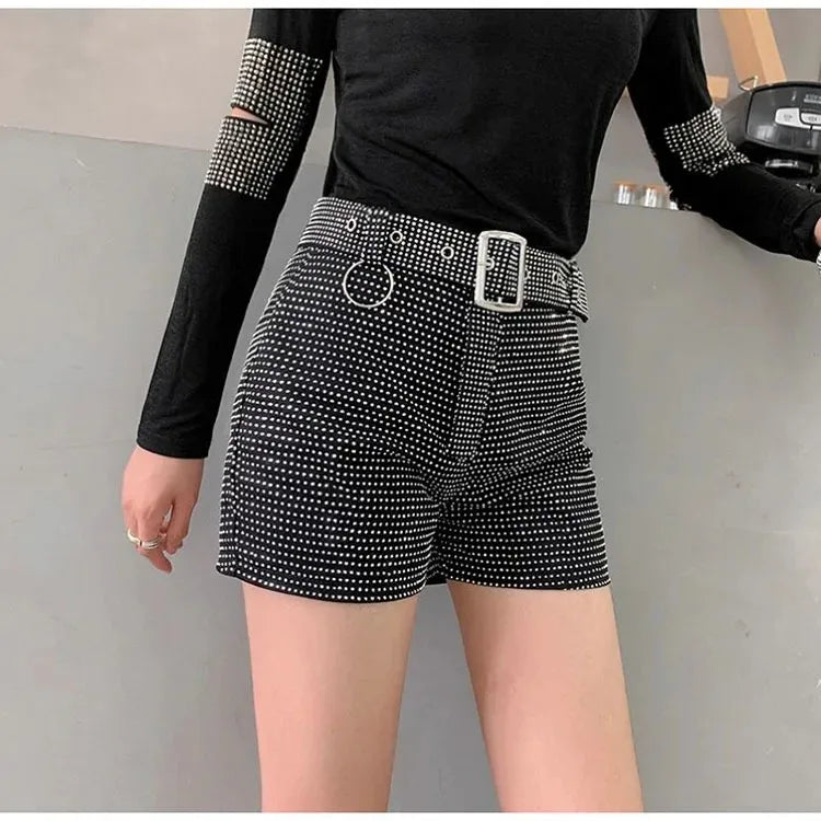 Rhinestone Shorts Women Wide Leg Shorts High Waist Sexy New Fashion Elastic Waist Diamond Casual Hot Pants Female belt