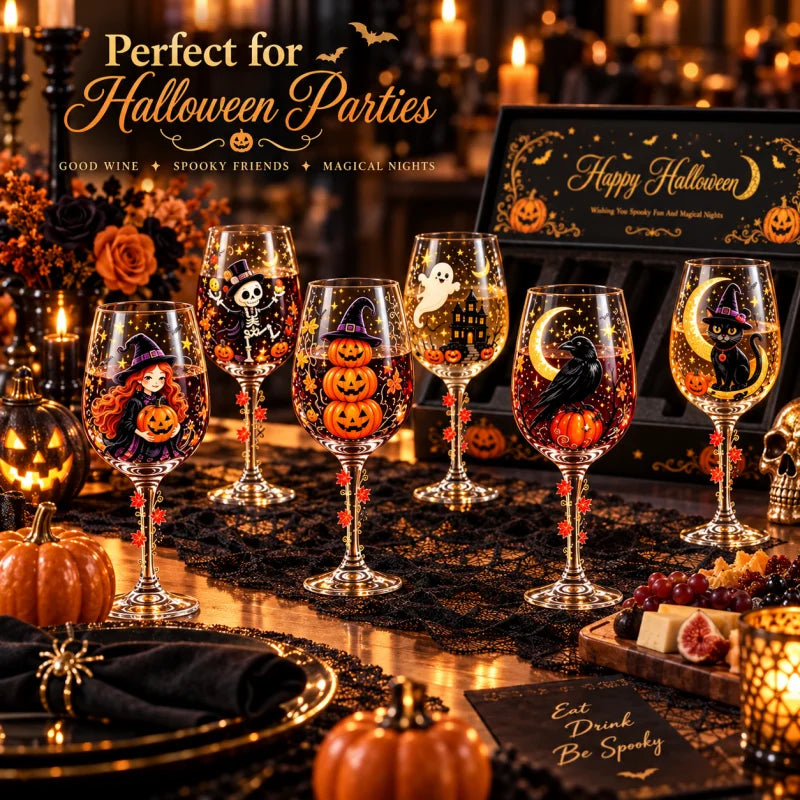 Spooky Halloween Wine Goblet with Sticker Design Witch Ghost Pumpkin Cat Decorative Stemmed Glass for Party Home Bar