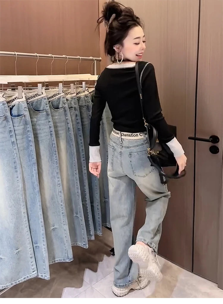 Y2K 2000s Wide Leg Baggy Denim Trouser Women's Washed Vintage Casual Pants Female High Street Retro High Waist Trashy Jeans