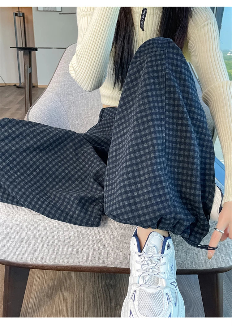 American style woolen plaid cargo pants women's autumn winter new plush casual versatile loose machete wide leg pants