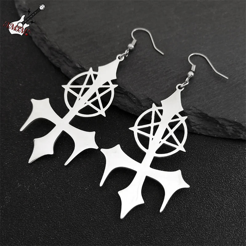 Goth Pentagram Sigil Satan Cross Hoop Earrings for Women Stainless Steel Silver Color Big Lucifer Star Earrings Jewelry