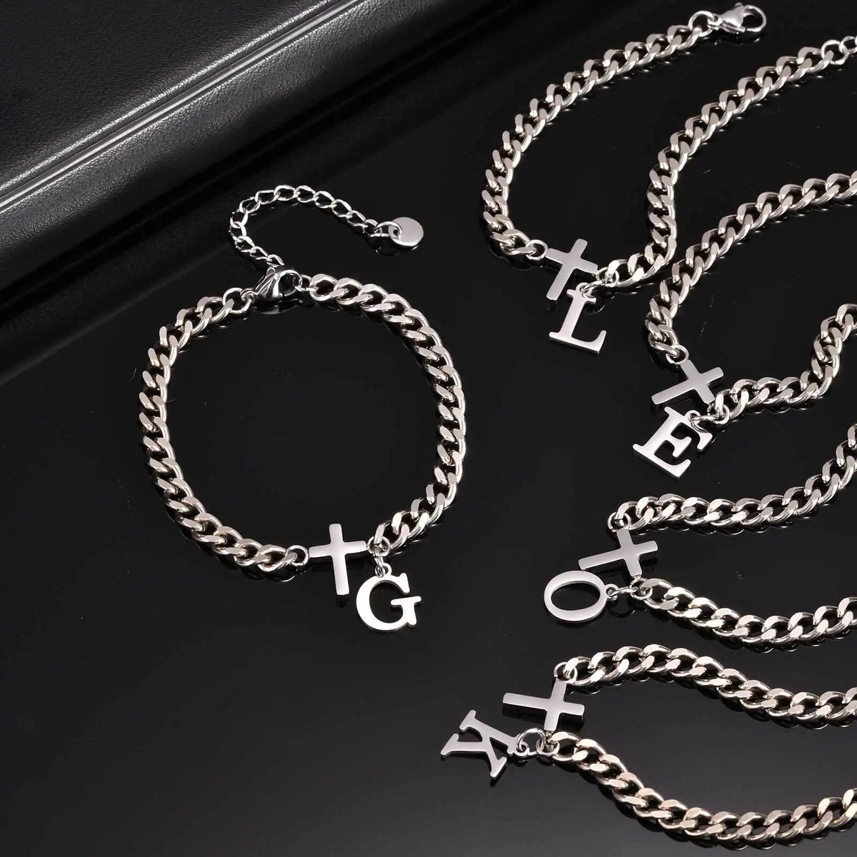 Men's Initials Cross Bracelets,Never Fade A-Z 26 Letters Stainless Steel Chain Links Cross Wristband,Stylish Simple Jewelry Gift