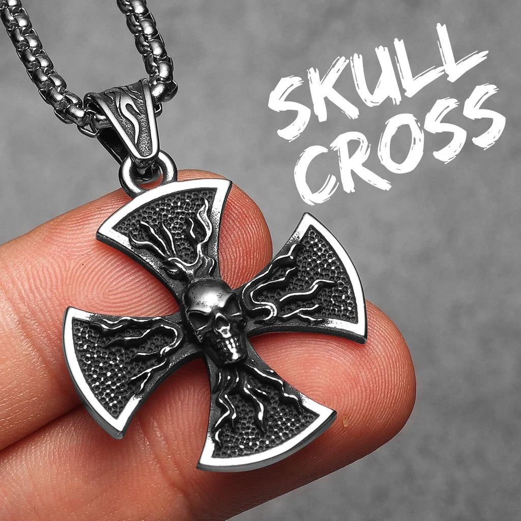 PENDRA Flame Skull Cross Steel Necklace