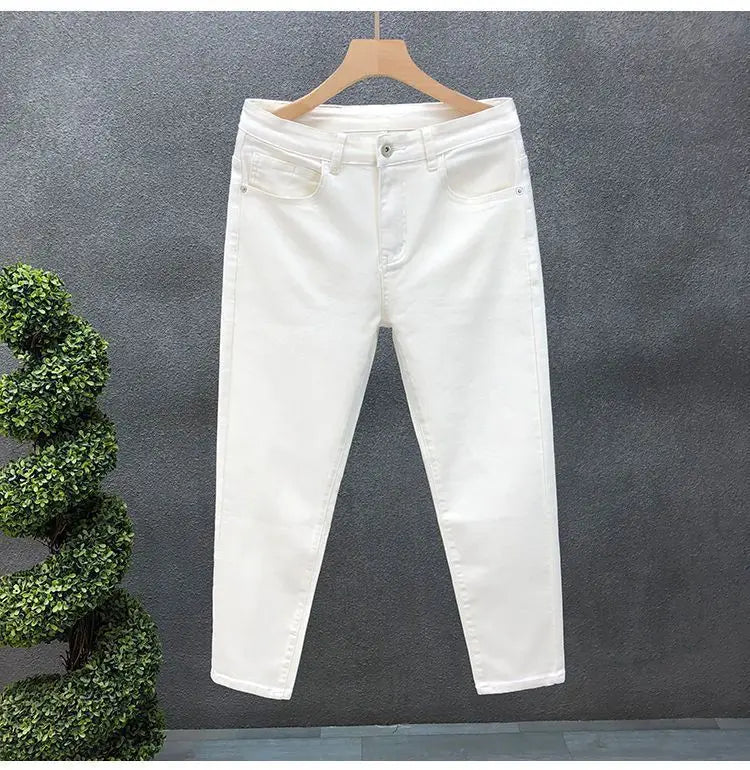 High-Quality Korean Street Men's Slim Jeans for Spring and Autumn with Denim Fabric and Casual Solid White Black Punk Trousers
