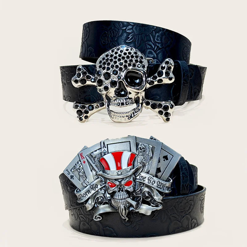 Gothic Accessories PU Leather Belt For men and women Skull Buckle Halloween Cosplay Decoration Floral Engraved Belt for Jeans