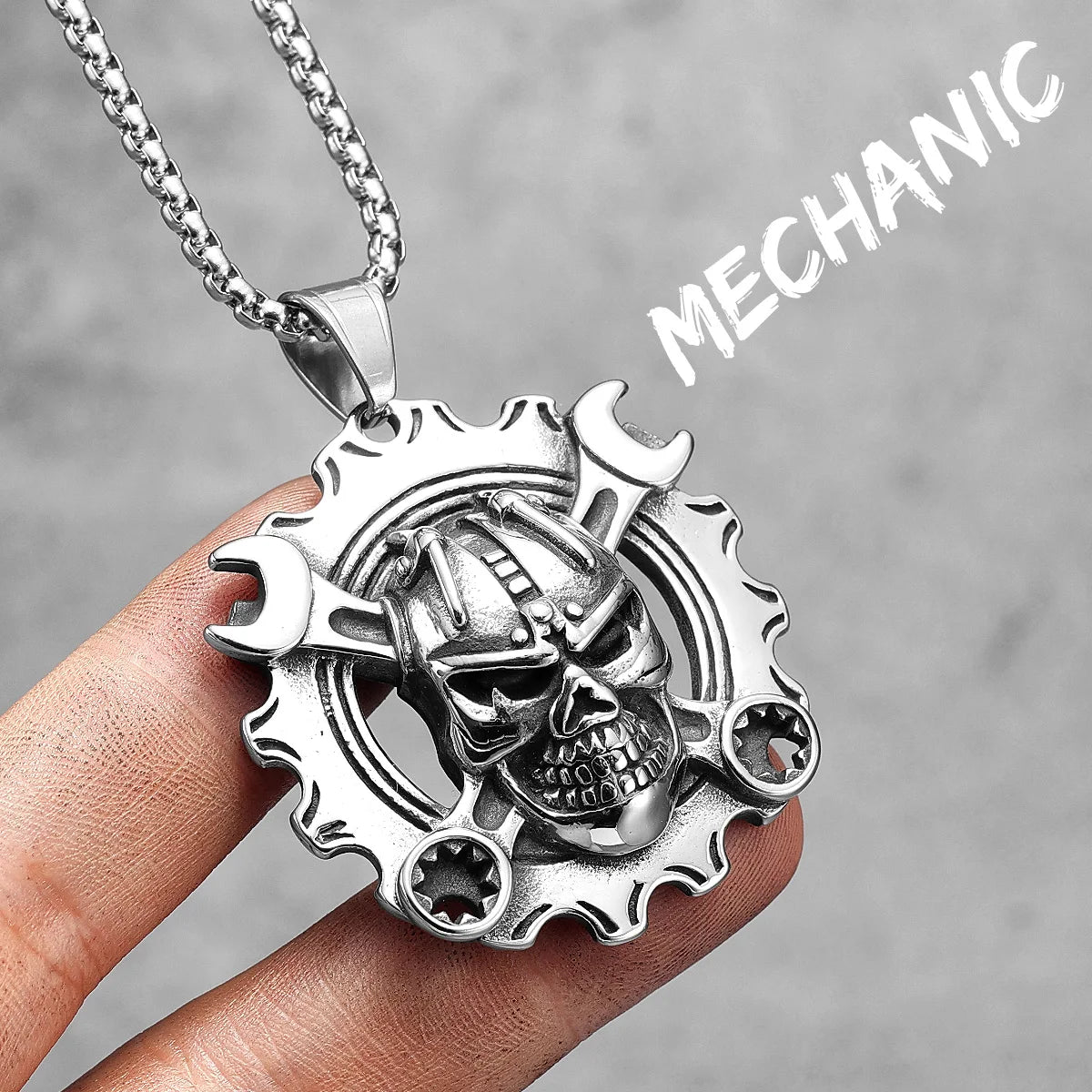 PENDRA Wrench Gear Skull Steel Necklace