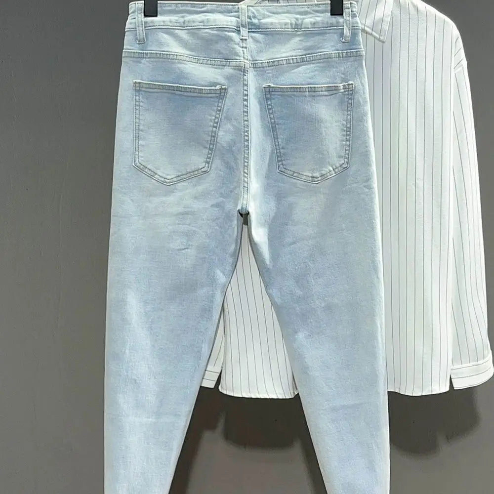Luxury Men's Clothing Korean Style Slim Fit Jeans Casual Spring and Autumn Thin Light Color Washed Punk Pencil Pants for Men