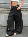 American Retro Buttoned Splicing Design Black Women's Loose Cocoon Jeans Y2K Trendy Street Fashion Versatile Wide-Leg Pants