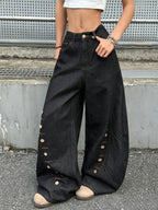 American Retro Buttoned Splicing Design Black Women's Loose Cocoon Jeans Y2K Trendy Street Fashion Versatile Wide-Leg Pants