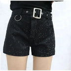 Rhinestone Shorts Women Wide Leg Shorts High Waist Sexy New Fashion Elastic Waist Diamond Casual Hot Pants Female belt