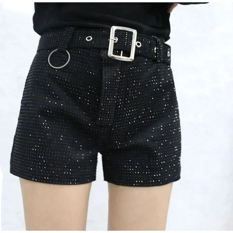 Rhinestone Shorts Women Wide Leg Shorts High Waist Sexy New Fashion Elastic Waist Diamond Casual Hot Pants Female belt