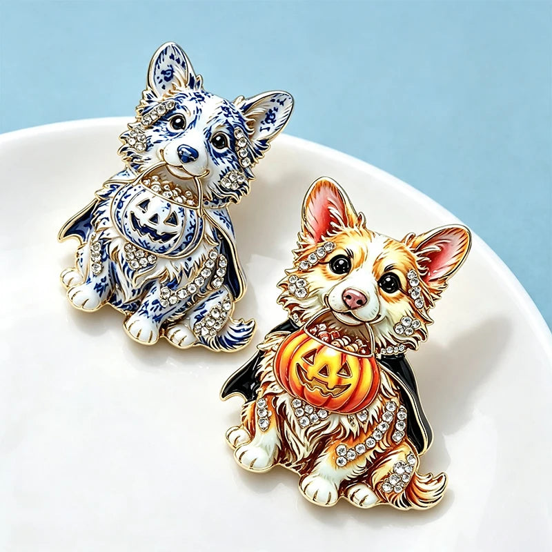 PENDRA Pumpkin Corgi Halloween Animal Brooch