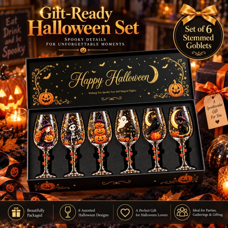 Spooky Halloween Wine Goblet with Sticker Design Witch Ghost Pumpkin Cat Decorative Stemmed Glass for Party Home Bar