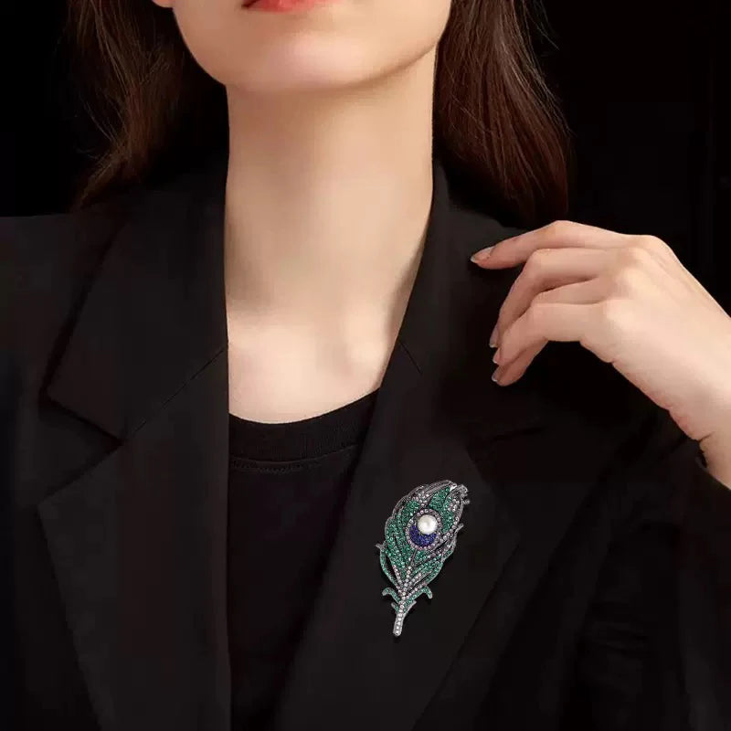 PENDRA Peacock Rhinestone Feather Brooch