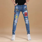 Spring Autumn Harajuku Fashion Art Craft Graphical Paintings 2000s Streetwear Male Slim Boyfriend Stylish Pants Denim Jeans Men