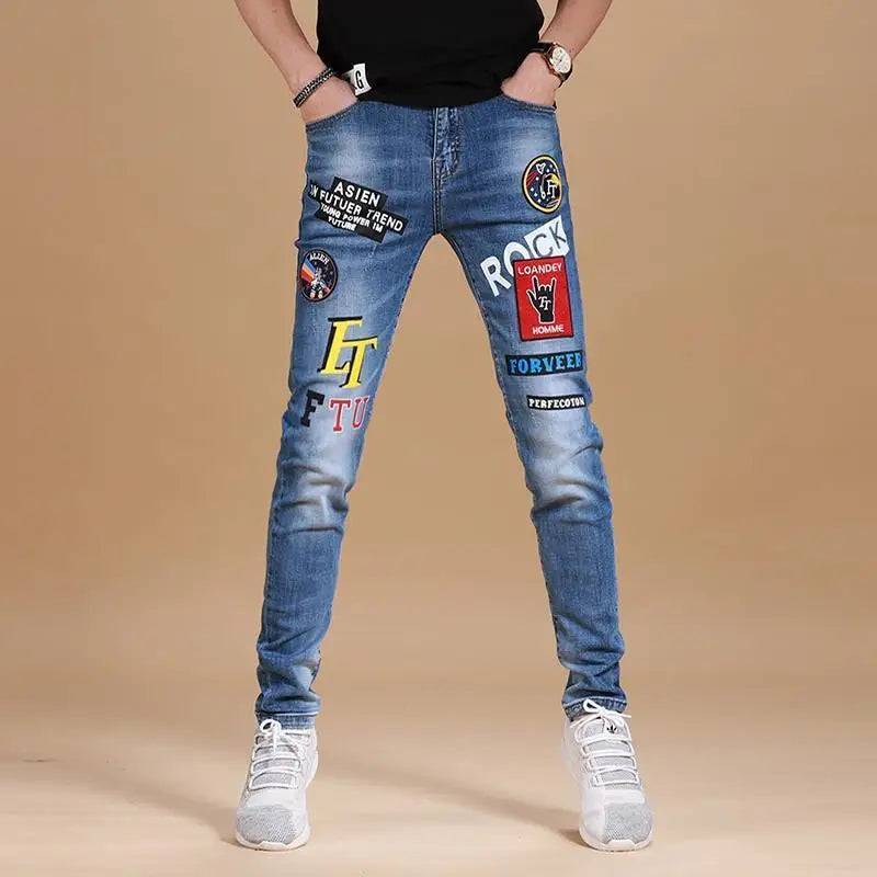 Spring Autumn Harajuku Fashion Art Craft Graphical Paintings 2000s Streetwear Male Slim Boyfriend Stylish Pants Denim Jeans Men