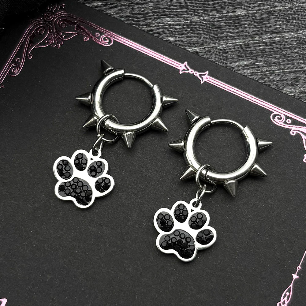 Dark Punk Dog Paw Rivet Earrings For Women Men Stainless Steel Silver Color Gothic Punk Trendy Hoop Ear Rings Jewelry Gifts