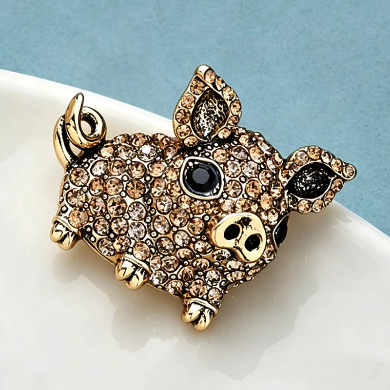PENDRA Pigletique Enamel Rhinestone Pig Brooch